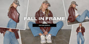 Collage of a woman wearing a brown leather jacket, white sneakers, and blue jeans with text 'Fall in Frame' and 'Shop New Arrivals'.