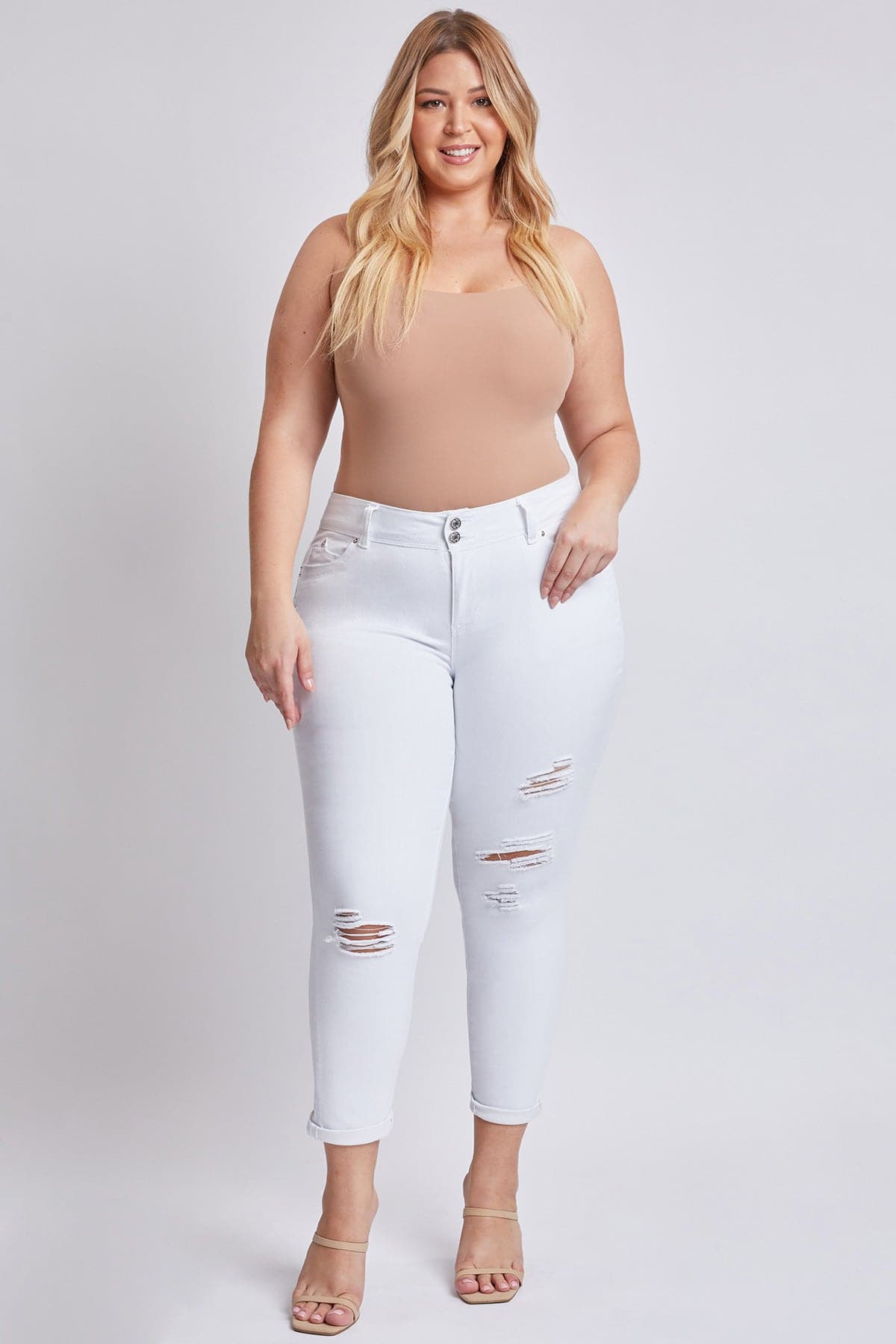 YMI Womens Wannabettabutt Jeans - Mid-Rise Skinny Roll-Up Cuff Ankle Jeans, Plus Size, Distressed Denim