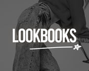 Person wearing a denim jacket with 'LOOKBOOKS' text overlay on a dark background