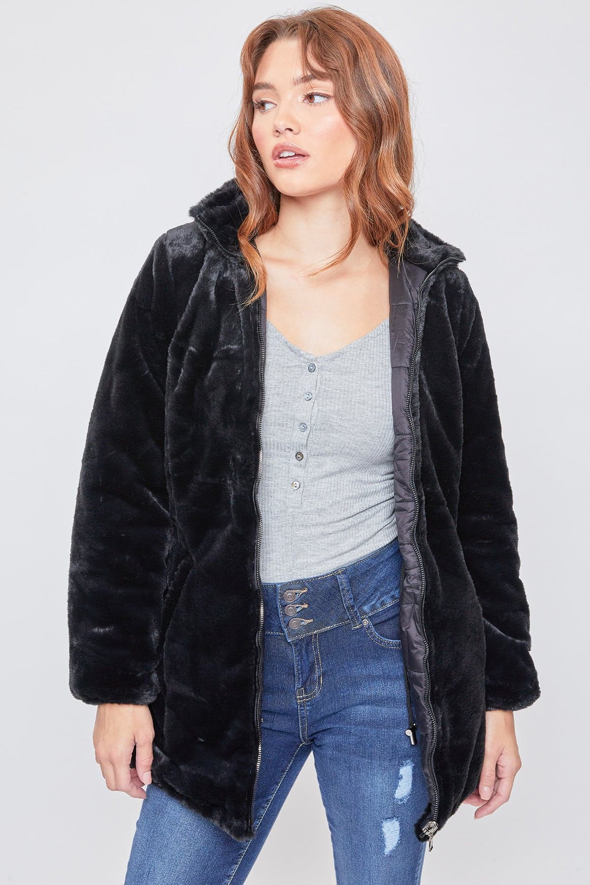Reversible faux fur hooded jacket – BLUEMARBLE