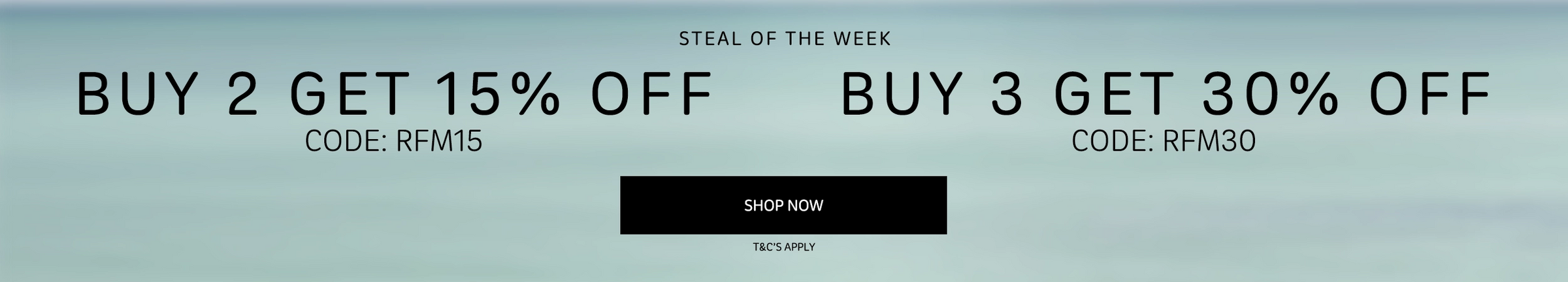 Promotional banner with discount offers and a 'Shop Now' button on a light blue background.