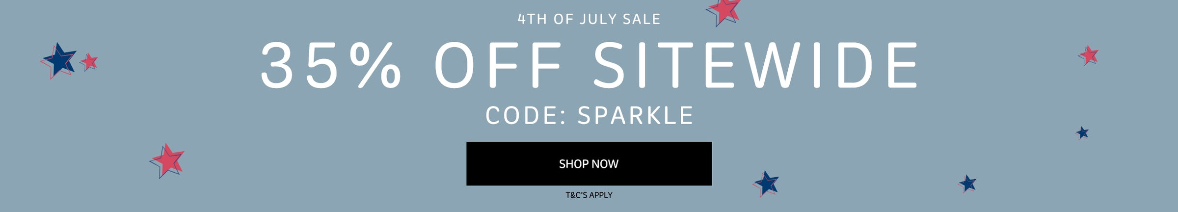 Promotional banner with 35% off sitewide offer and code on a blue background.