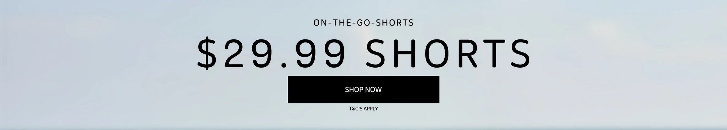 Promotional banner for shorts with price and 'Shop Now' button on a light blue background