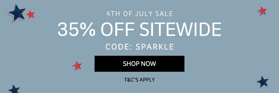 Promotional banner for 4th of July sale with 35% off sitewide offer on a blue background with stars.