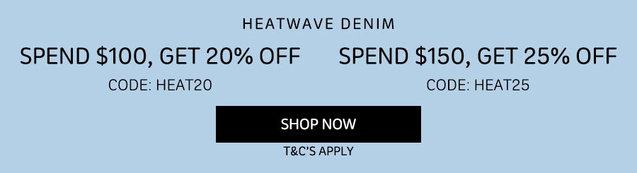 Promotional banner with the text 'HEATWAVE DENIM' at the top, two discount lines reading 'SPEND $100, GET 20% OFF' and 'SPEND $150, GET 25% OFF', 'CODE: HEAT20' below each, a black 'SHOP NOW' button, and 'T&C'S APPLY' at the bottom on a light blue background.