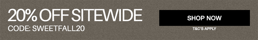 Promotional banner with the text '20% OFF SITEWIDE' and 'CODE: SWEETFALL20' on a dark gray background, alongside a black button labeled 'SHOP NOW' and small text 'T&C'S APPLY'.
