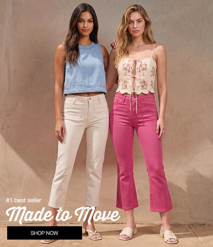 Two women wearing casual outfits with text promoting a product.