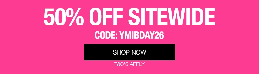 Promotional banner with 50% off sitewide discount on a pink background