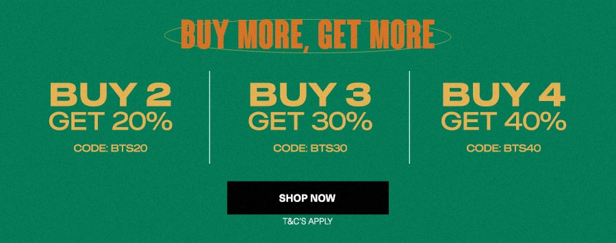 A promotional banner with a dark green background featuring orange and yellow text. It displays three offer panels: 'BUY 2 GET 20%' with code BTS20, 'BUY 3 GET 30%' with code BTS30, and 'BUY 4 GET 40%' with code BTS40.