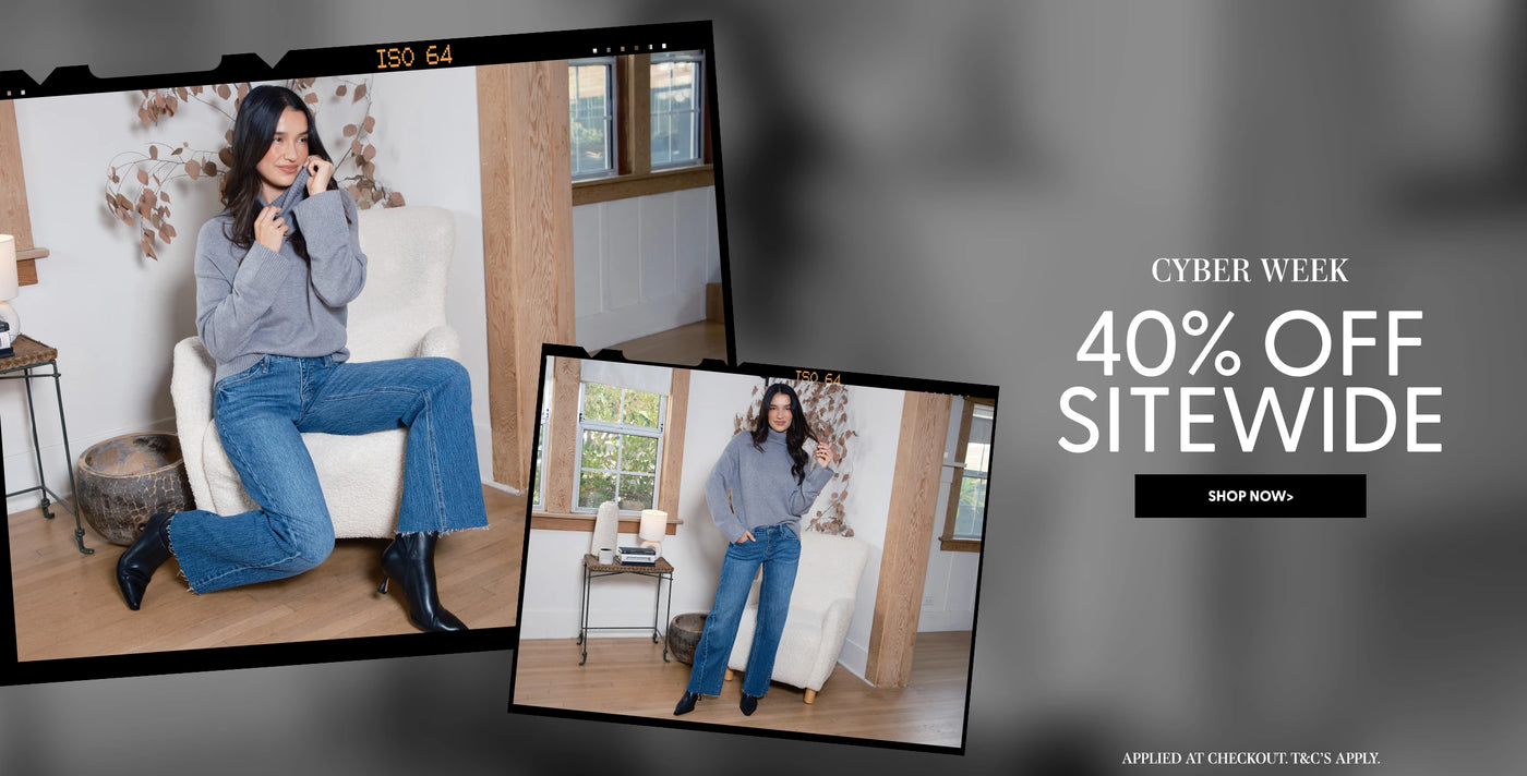 Woman sitting on a chair with promotional text for Cyber Week sale.