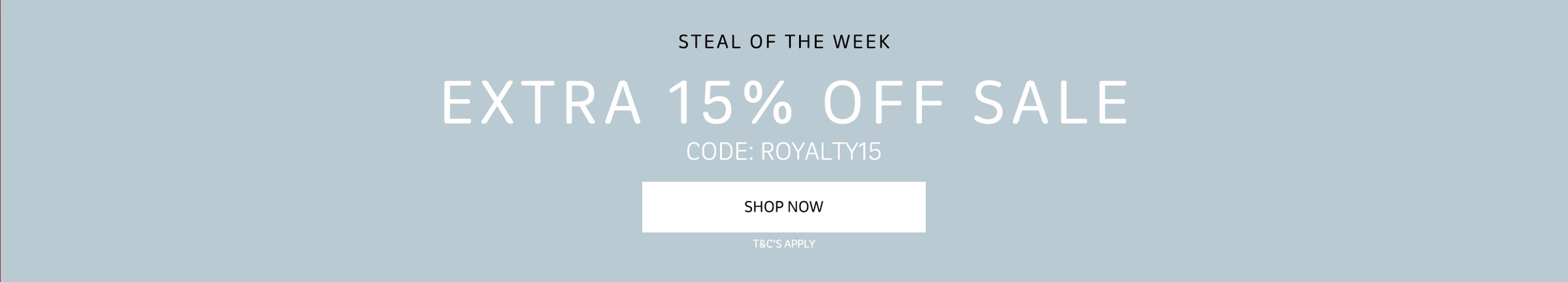 Promotional banner with 'Steal of the Week' offer and 'Shop Now' button on a light blue background