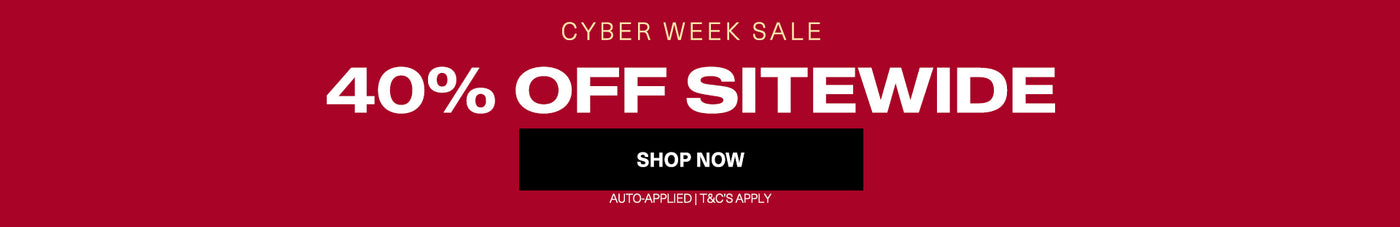 Red banner with white text announcing a 40% off sitewide sale during cyber week.