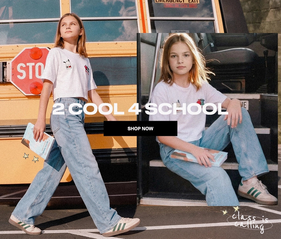 A promotional collage showing a young girl in a white graphic T-shirt and light blue wide-leg jeans in two poses in front of a yellow school bus. Large overlaid text reads '2 COOL 4 SCHOOL' with a 'SHOP NOW' button, and a 'classic editing' watermark appears in the lower right.