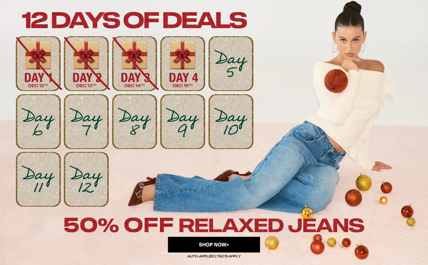 Promotional advertisement for '12 Days of Deals' with a countdown calendar and a person wearing jeans.