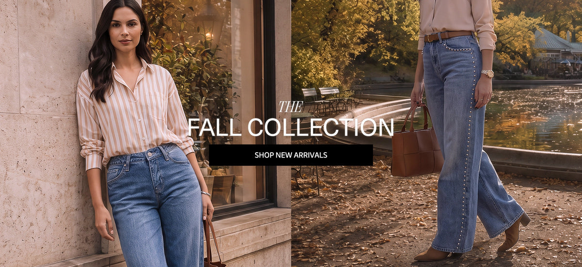 A promotional banner for 'The Fall Collection' featuring two models wearing high-waisted, wide-leg blue jeans with silver studded details. The left model is leaning against a stone wall wearing a beige and white striped button-down shirt, while the right model is walking outdoors near a lake in a beige top and matching jeans.