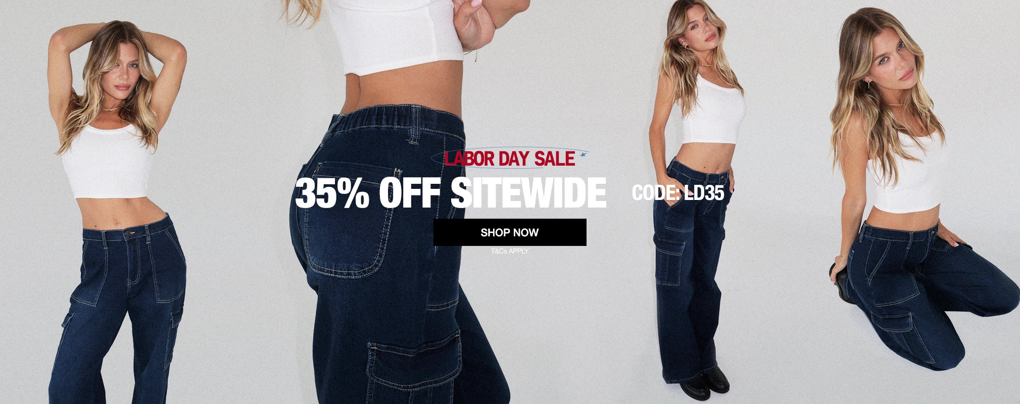 Four views of a model wearing dark blue cargo-style jeans and a white crop top against a light gray studio background, with a Labor Day Sale promotional banner overlaid in the center.