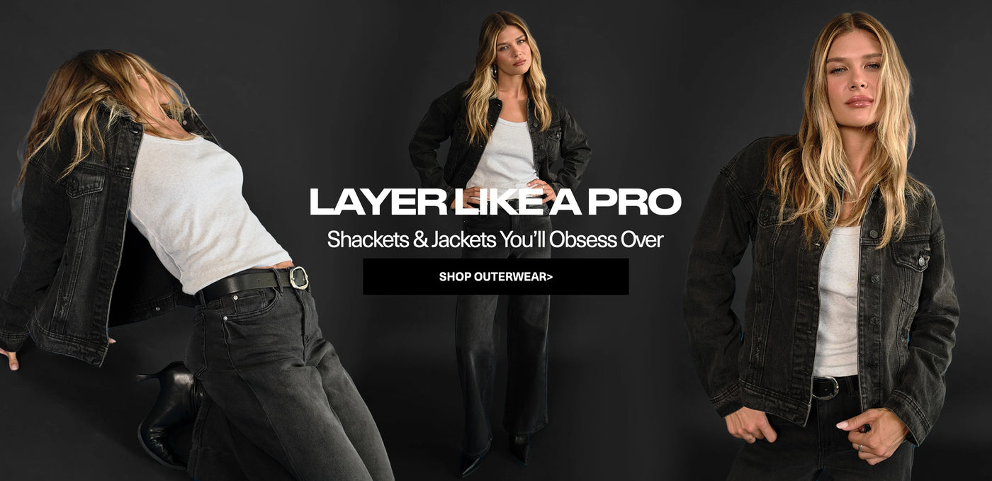 Woman modeling a black denim jacket with promotional text on a dark background