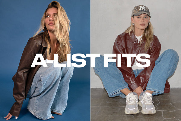 Woman wearing a brown leather jacket and blue jeans sitting on a blue and gray background with 'A-List Fits' text.