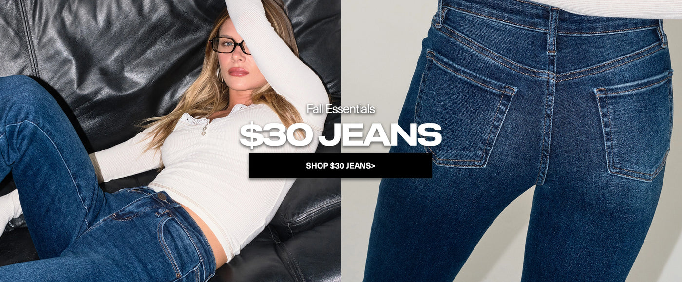 Promotional banner for $30 jeans with a person wearing jeans and close-up of jeans.