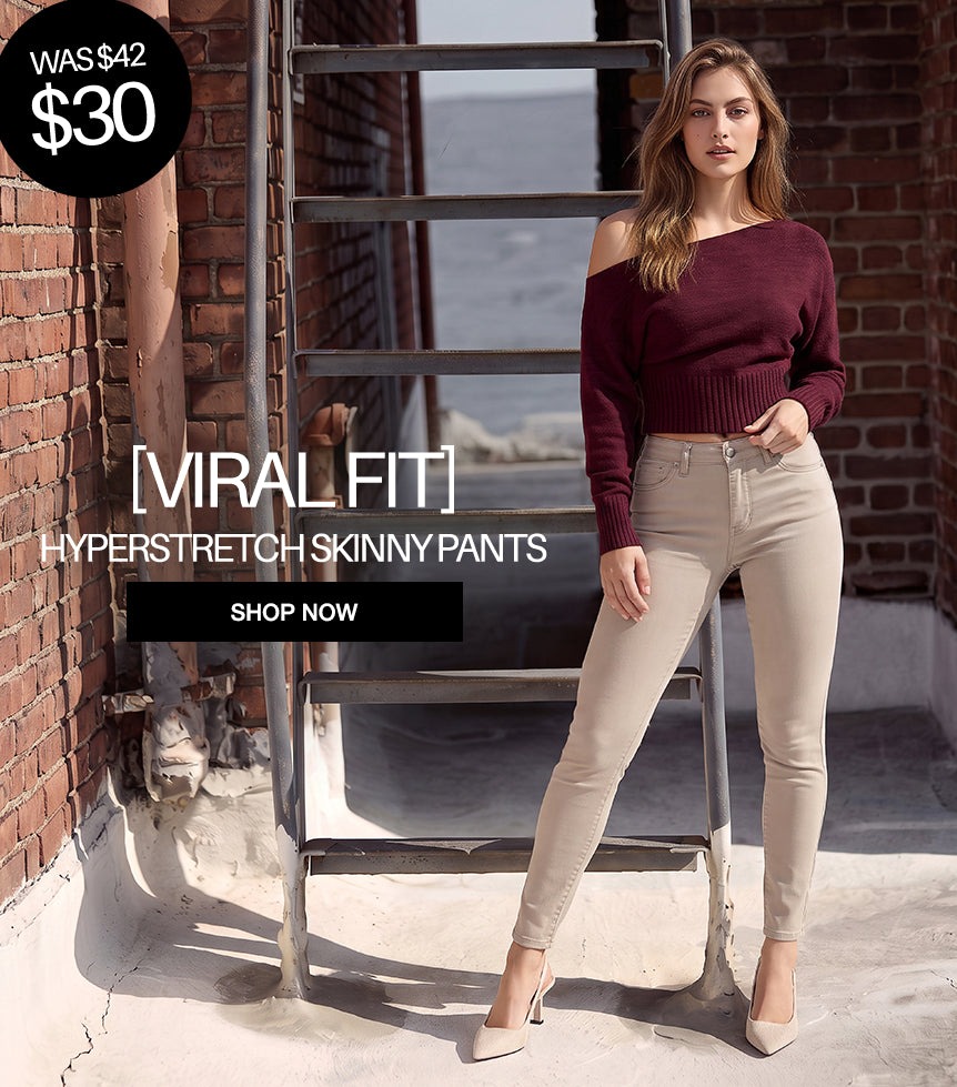 A woman models a pair of beige hyperstretch skinny pants with an off-the-shoulder burgundy knit top, standing in front of a brick wall and metal ladder. Text overlays advertise 'Viral Fit Hyperstretch Skinny Pants' with a '$30' price badge.