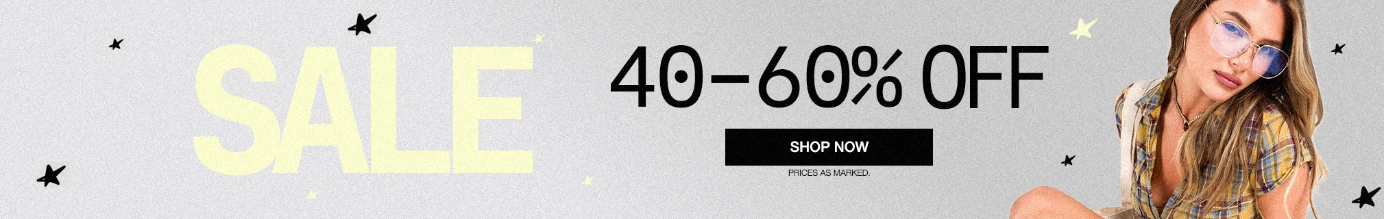 A promotional banner with large yellow 'SALE' text, black '40-60% OFF' text, a black 'SHOP NOW' button, and a partial photo of a woman on the right side against a light gray background with small star icons.