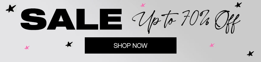 A promotional sale banner with the text 'SALE' in large black letters, 'Up to 70% Off' in black script, and a black 'SHOP NOW' button on a light gray background with small pink and black star accents.