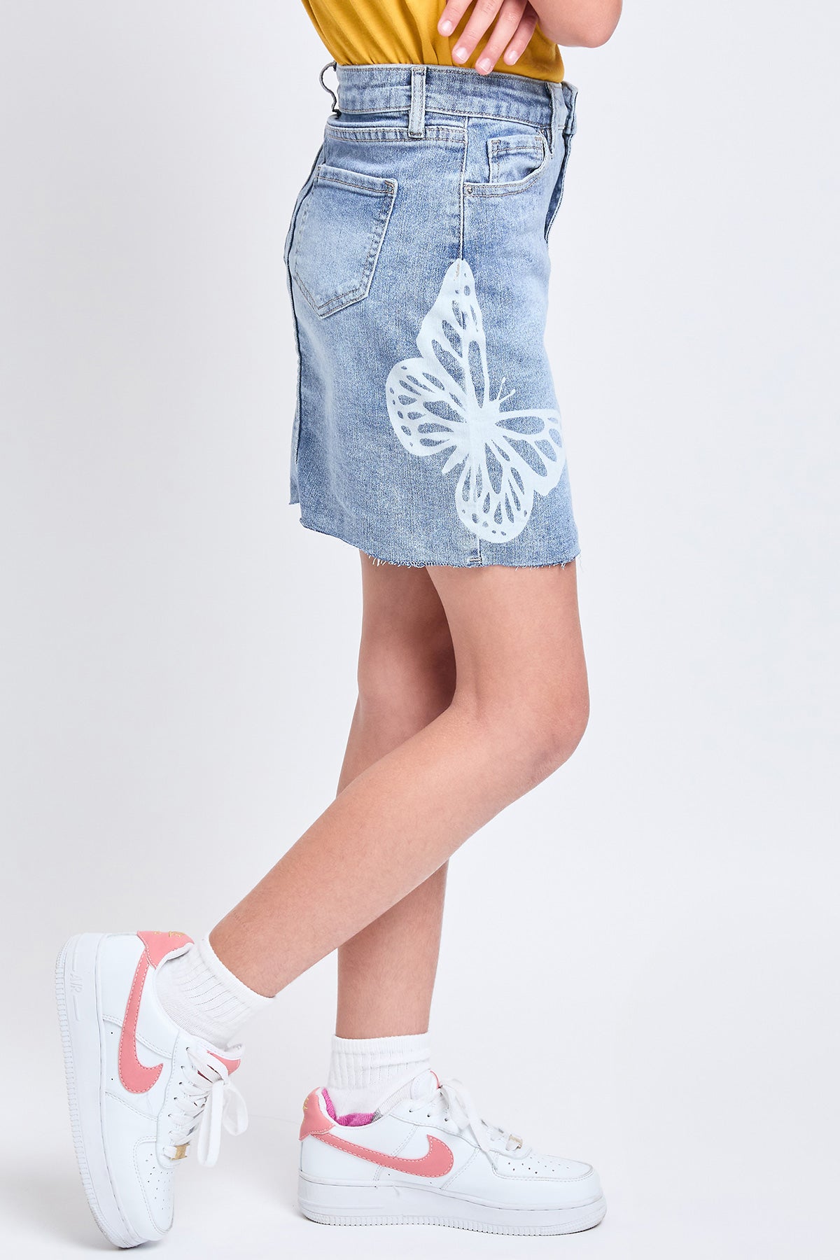 Girls Butterfly Print Raw Hem Mini Denim Skirt
