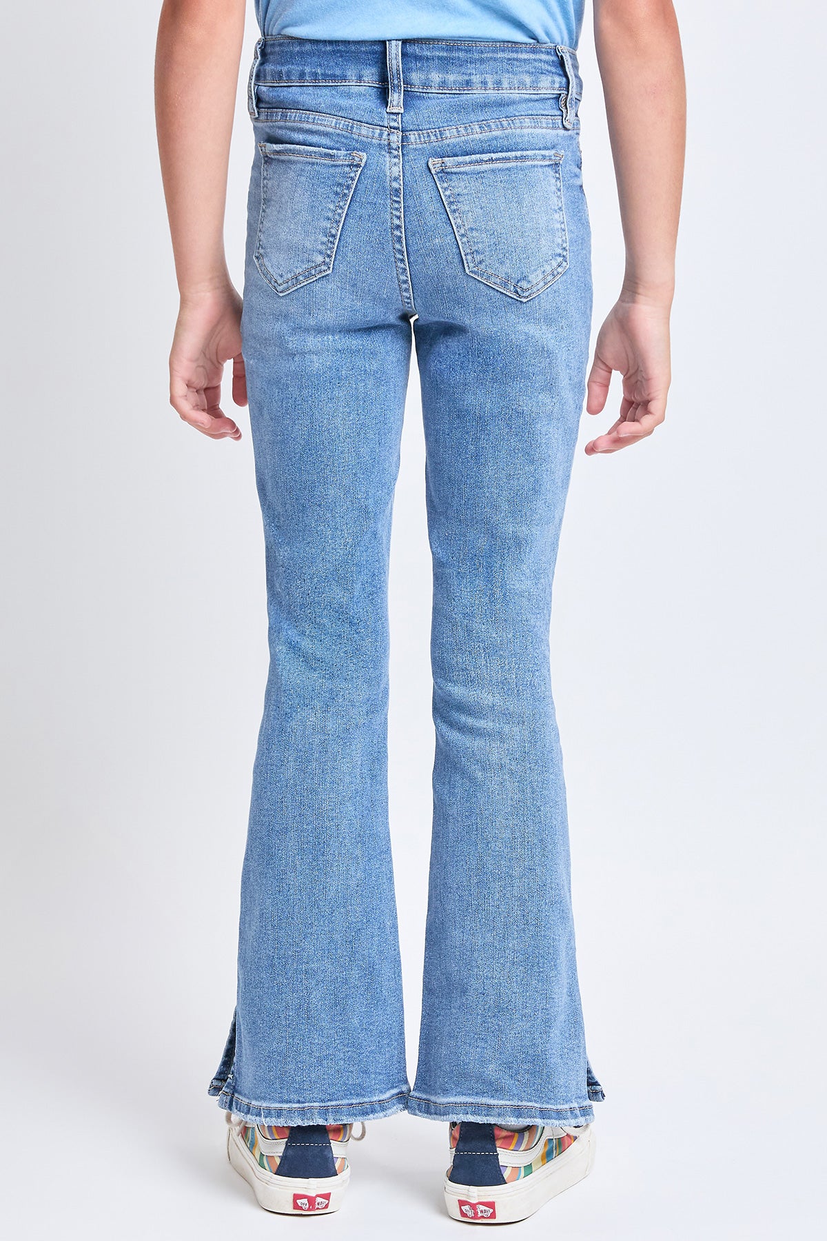 Girls Flare Front Patch Pocket Side Slit Hem Jeans-Distressed