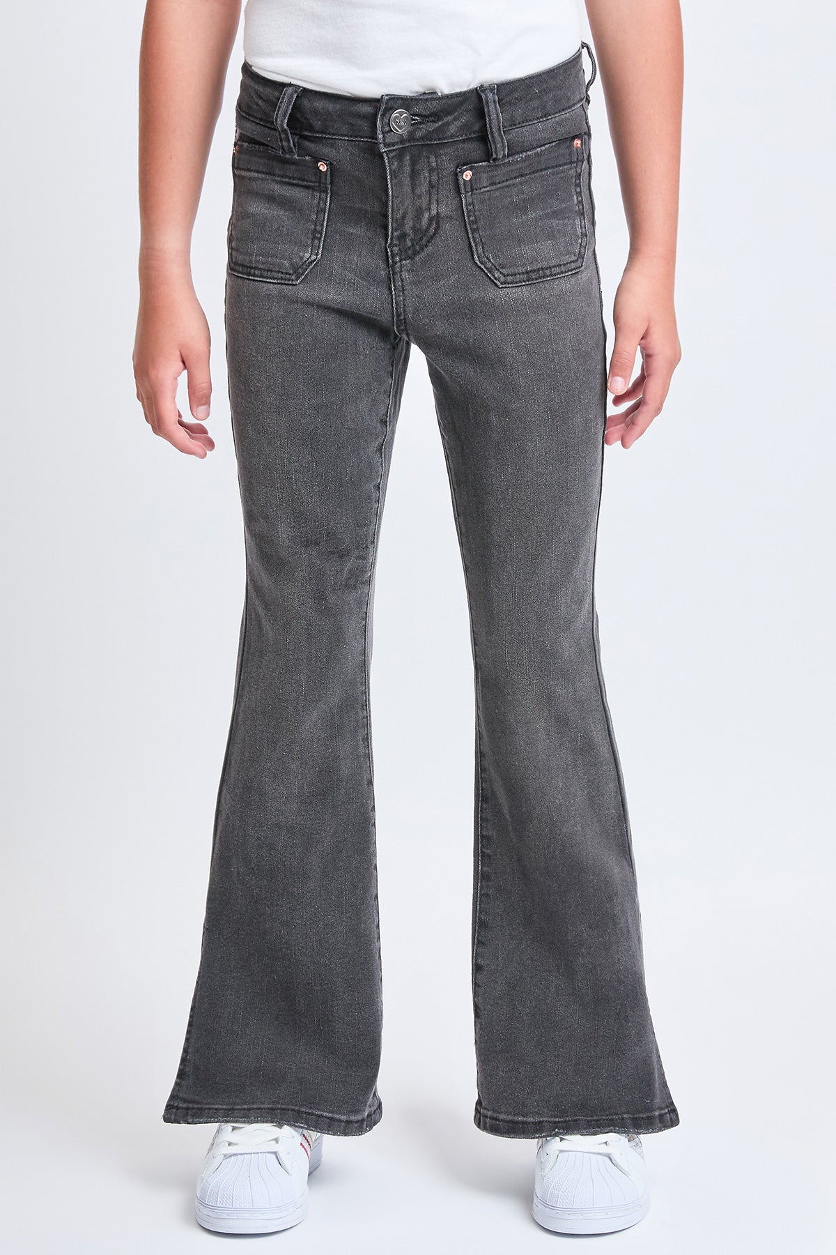 Girls Flare Front Patch Pocket Side Slit Hem Jeans-Distressed
