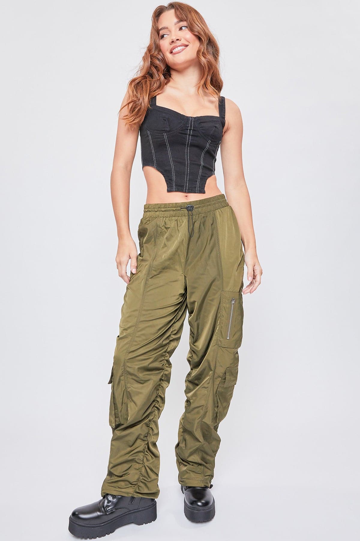 Street Vibes Flap Pockets Drawstring Ruched Parachute Cargo Trousers