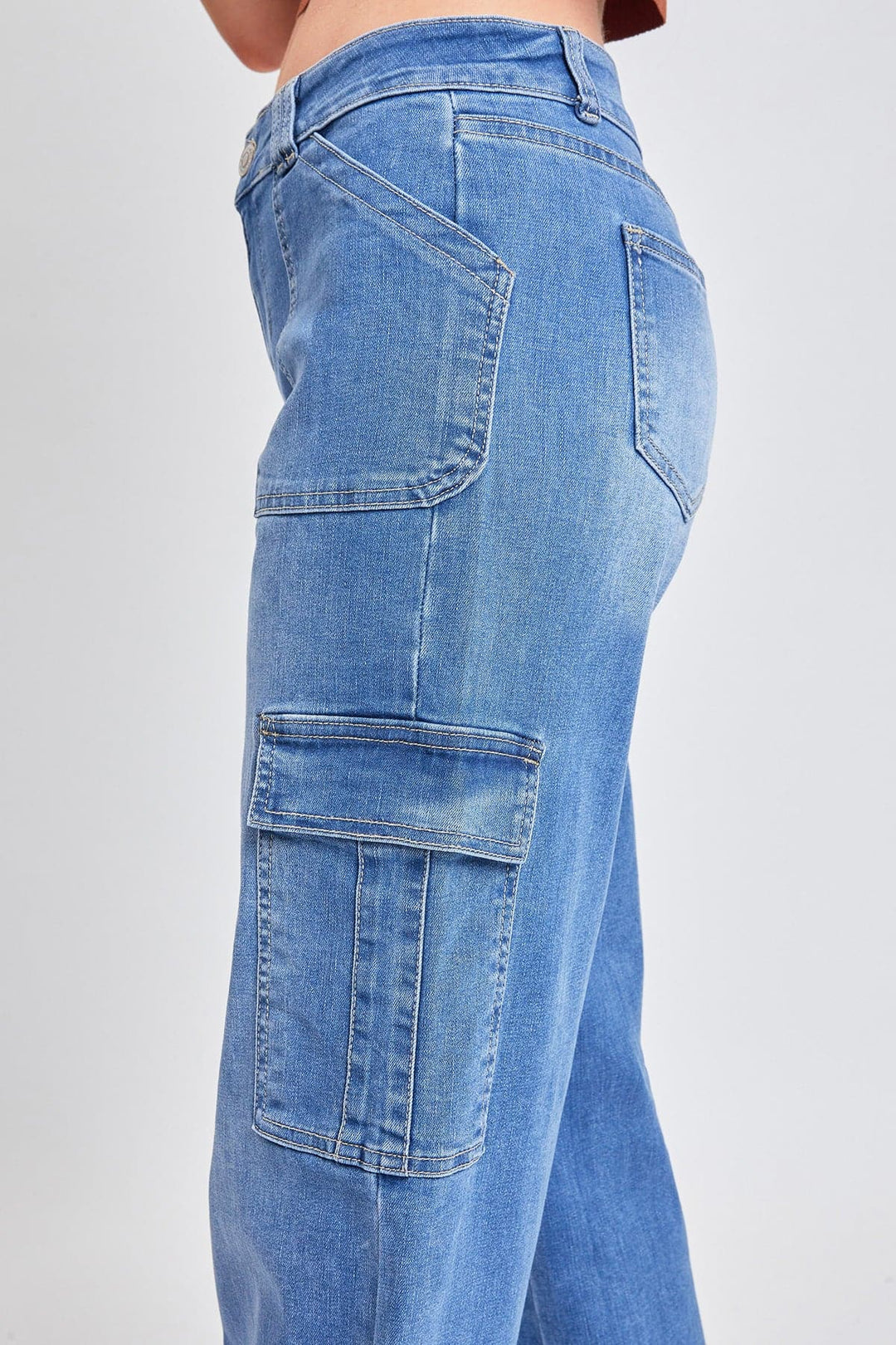 YMI Women's Wide Leg Double Cargo Jean, Ltwashl36, 5 Long