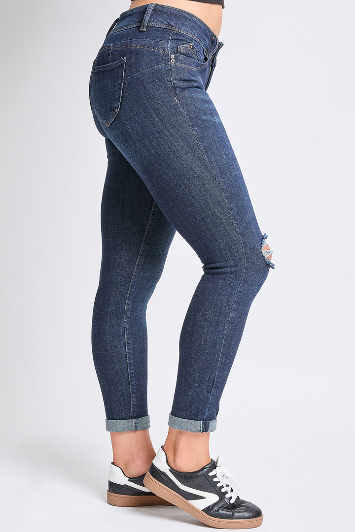 YMI Women's Wannabettabutt Jeans - 2 Button Cuffed Ankle Skinny Jean With Distressed Details