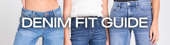 Denim fit guide with three pairs of jeans displayed side by side.