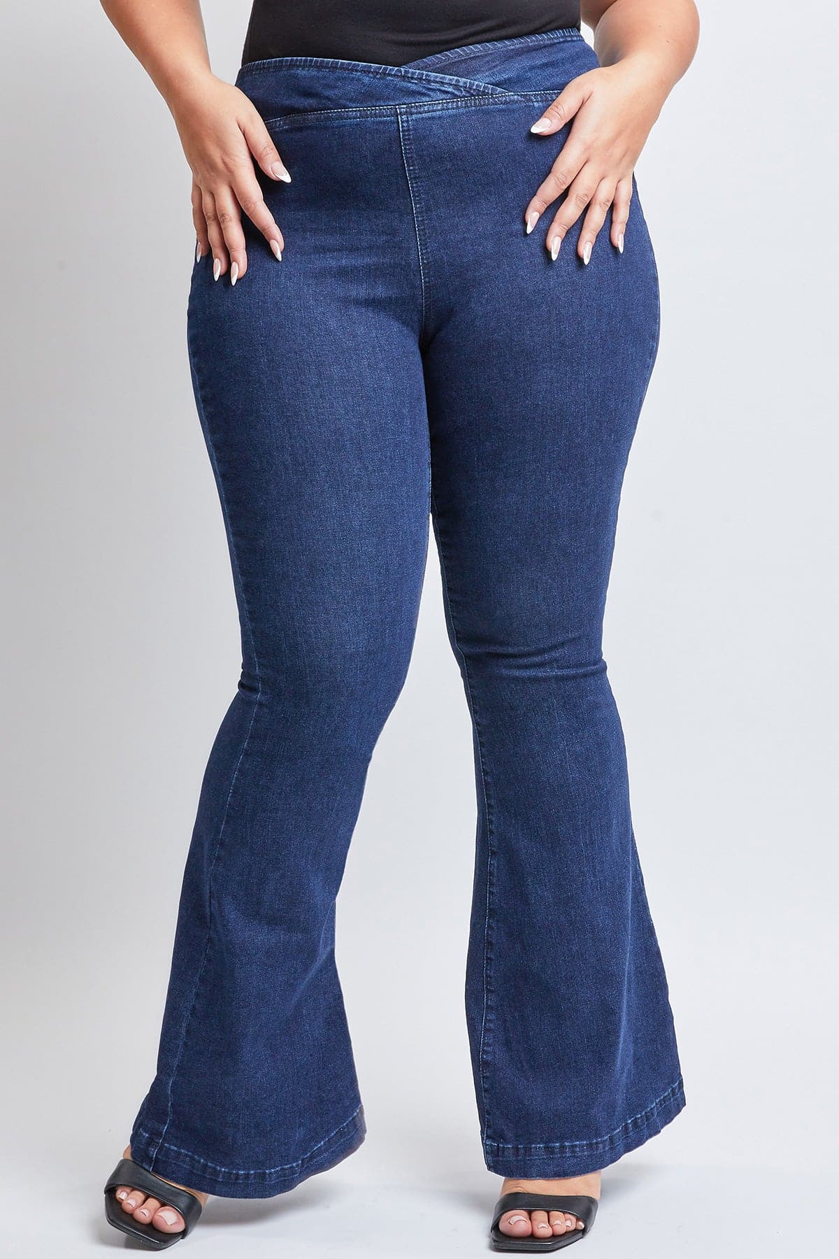 Plus Size Women's V-Front Pull On Flare Jeans-Sale