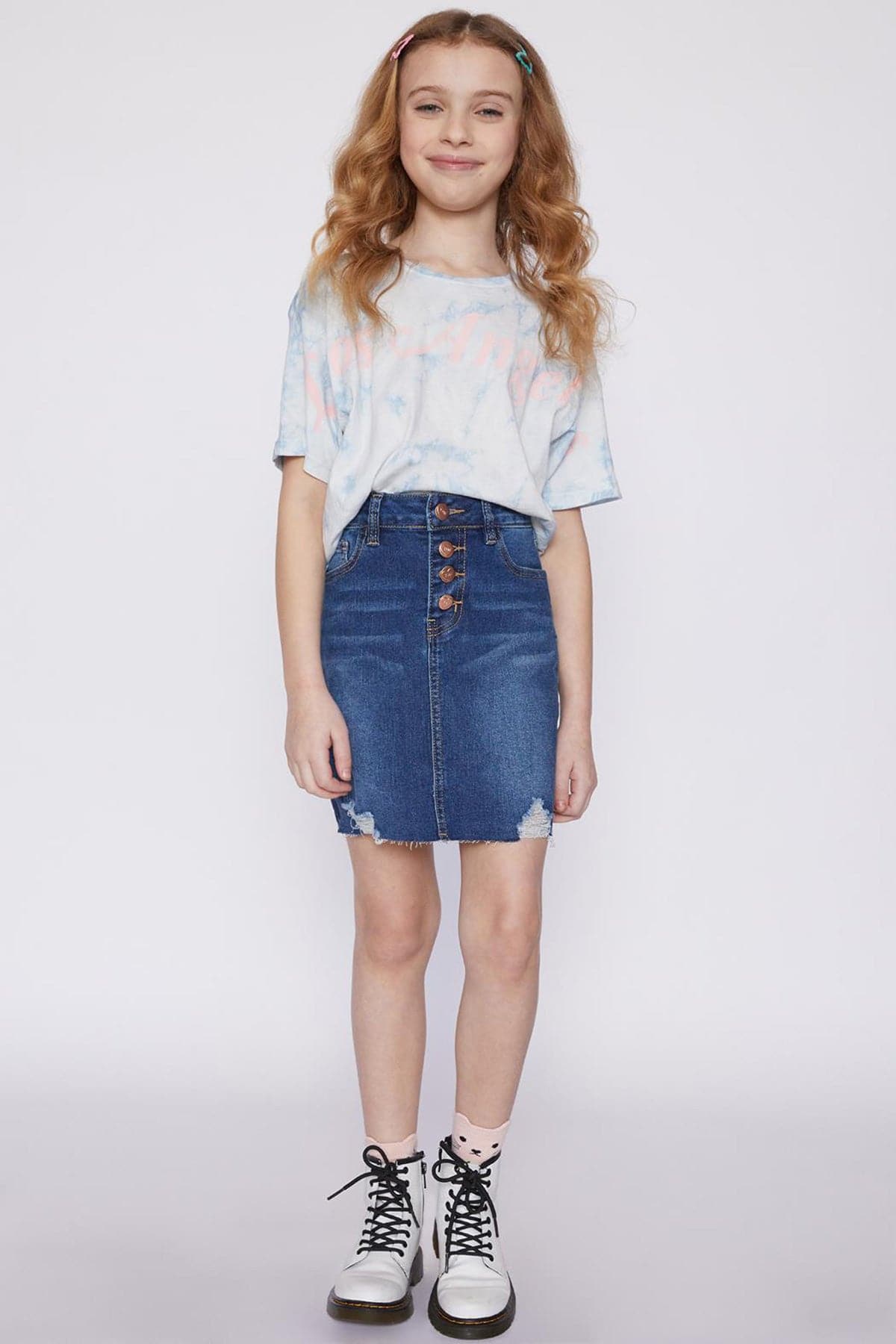 Girls Four Button Denim Skirt With Distressed Details from YMI