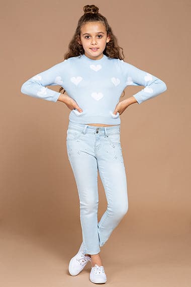 Girls 2-Button Cuffed Ankle Jeans with Flower Studs from YMI