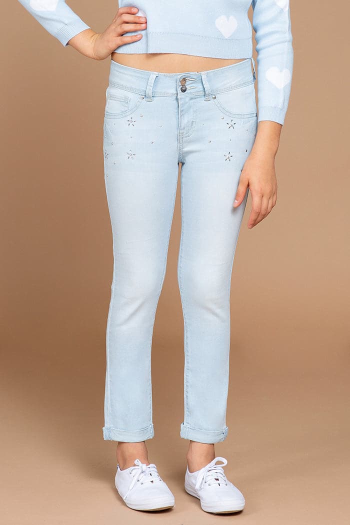 Kids 2 Button Cuffed Ankle Jeans With Flower Studs Gp213946