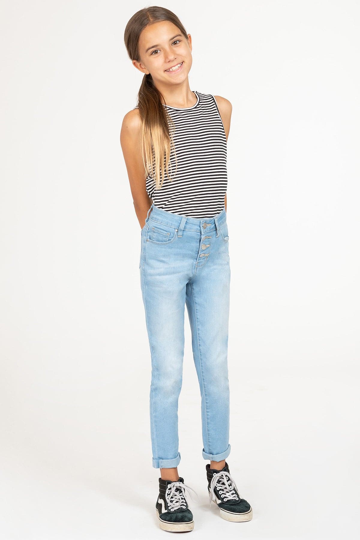 Girls High-Waisted Button-Fly Denim Ankle Jean with Rolled Cuffs from YMI