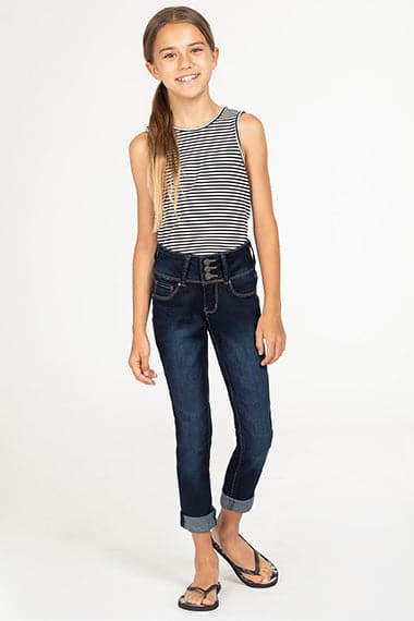 Girls Basic 3-Button Denim Skinny Jean with Rolled Cuffs from YMI