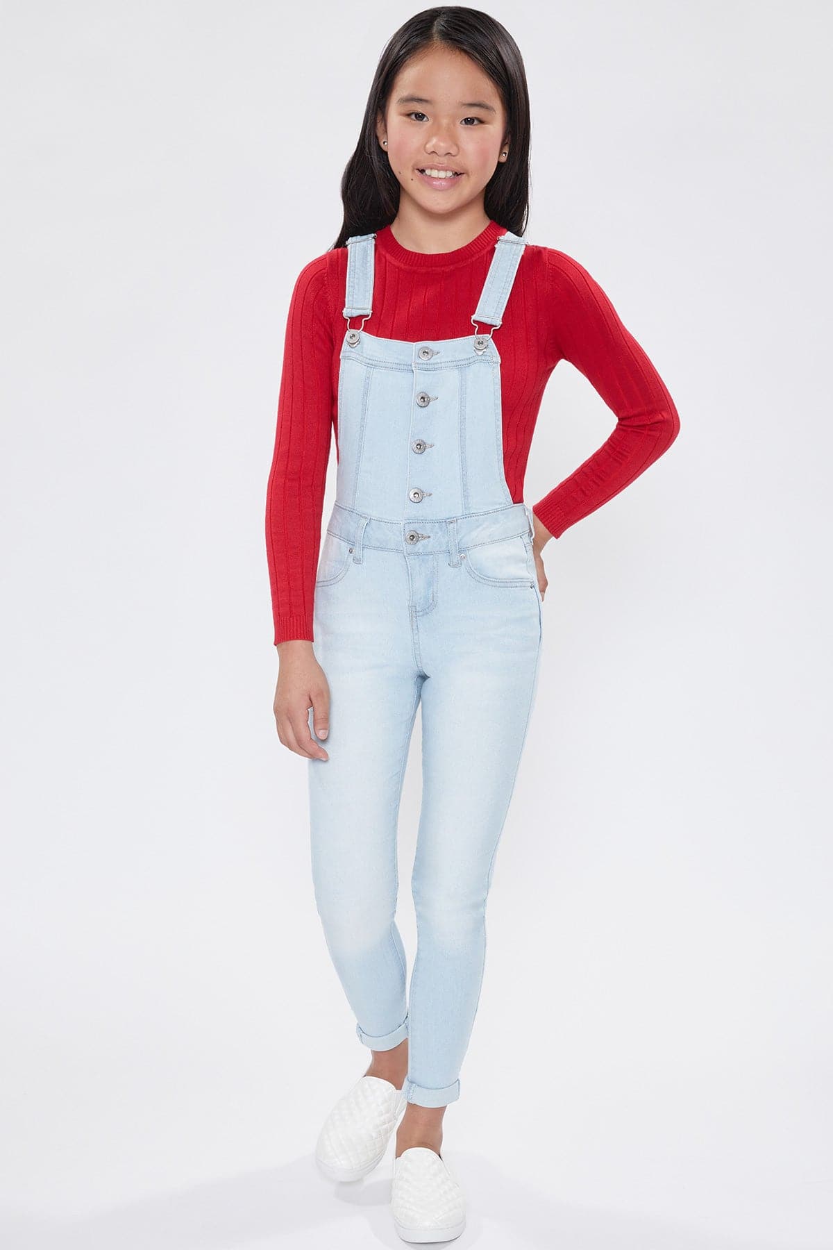 Girls Button Down Cuffed Skinny Overall from YMI