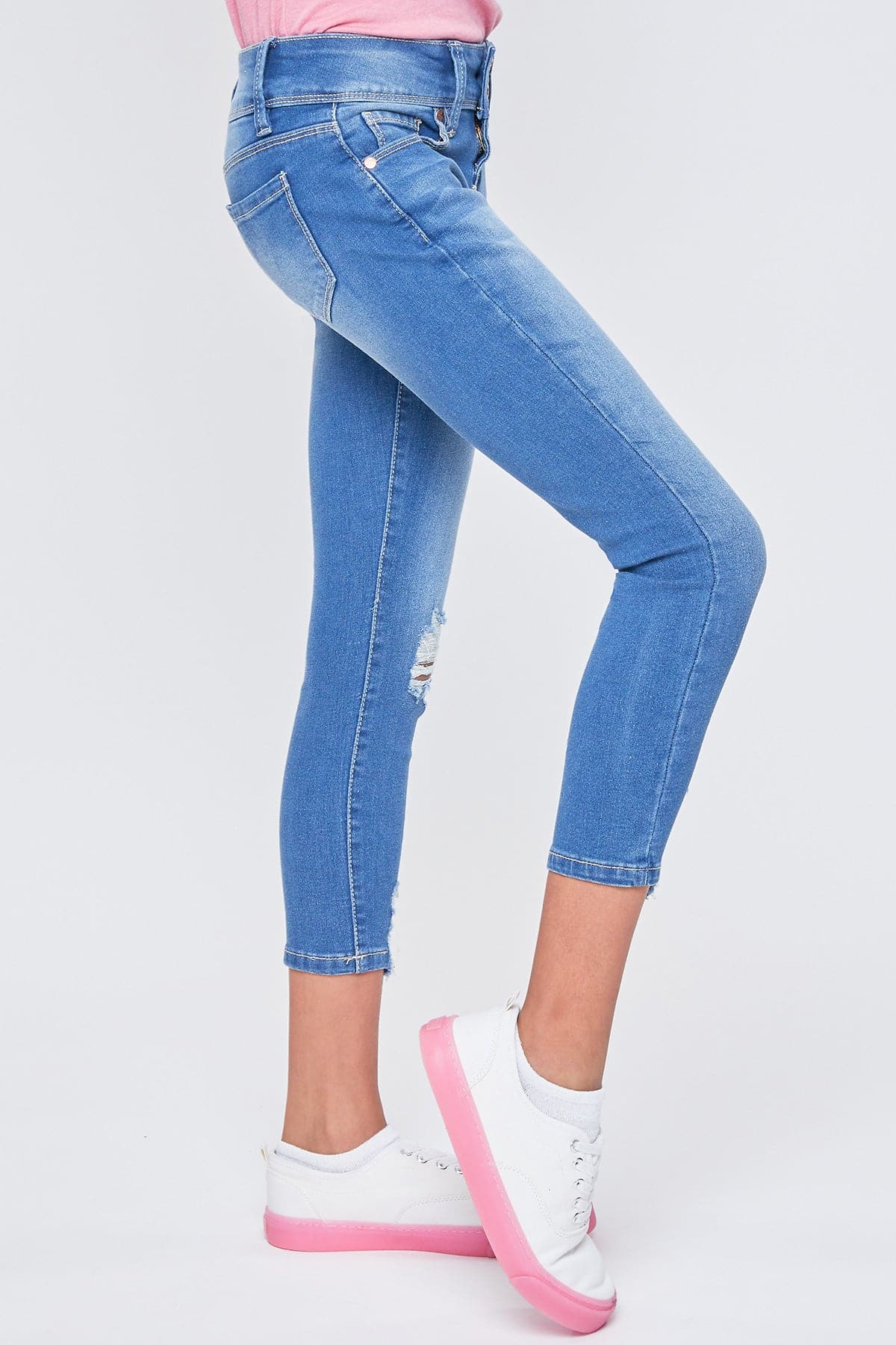 Girls Essential 2-Button Anklet Jeans W/Distressed Hem