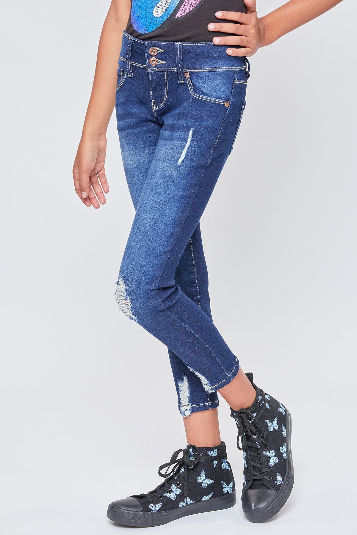 Girls Essential 2-Button Anklet Jeans W/Distressed Hem