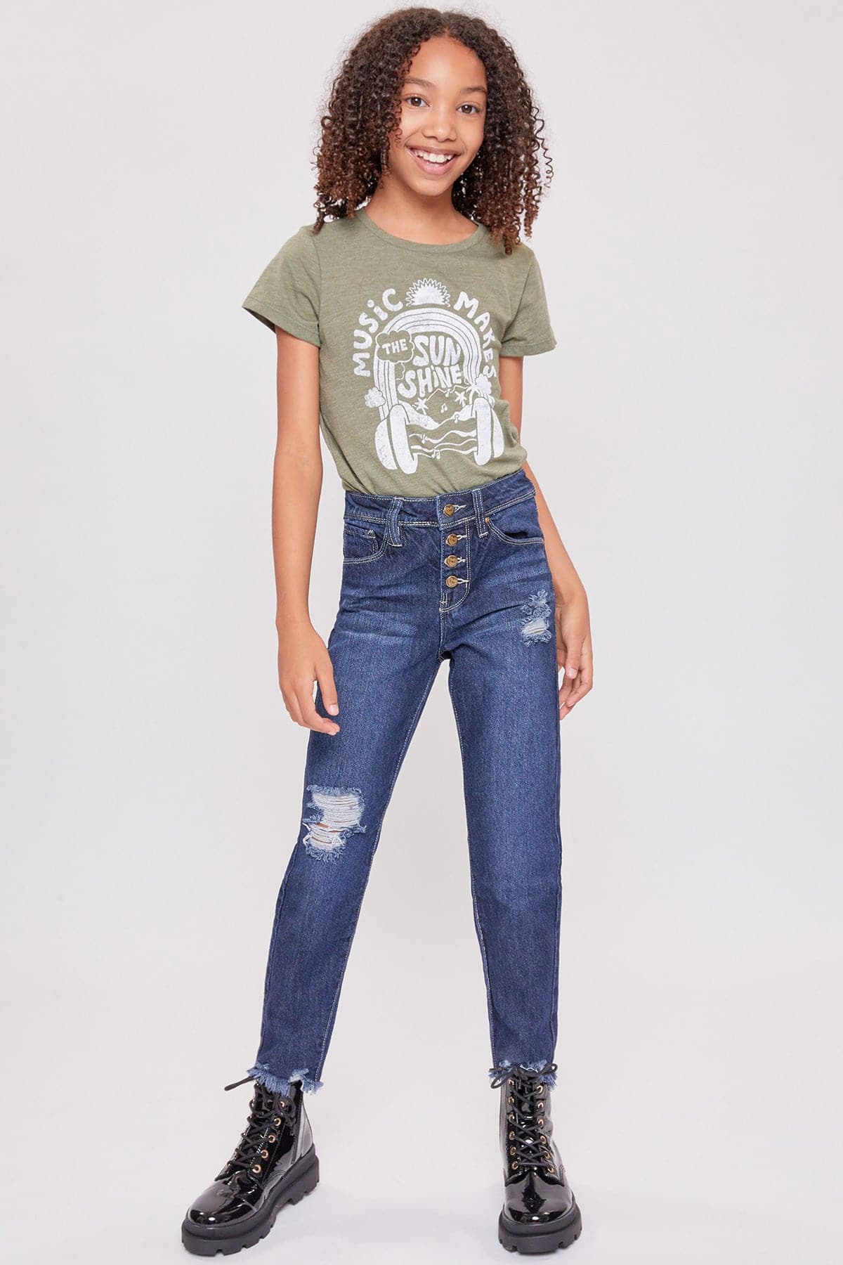 High Rise Exposed Button Straight Leg Jean With Distressed Hem from YMI