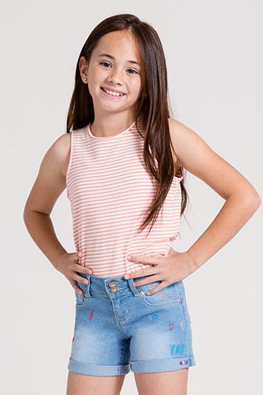 Girls Cuffed Shorts With Words And Embroidery from YMI