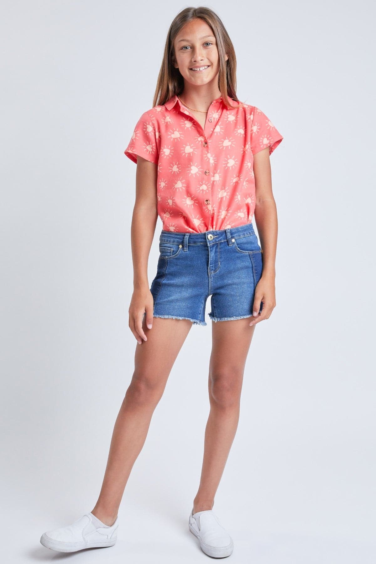 Girls 1-Button Basic Pocket Color Block Fray Hem Shorts from YMI