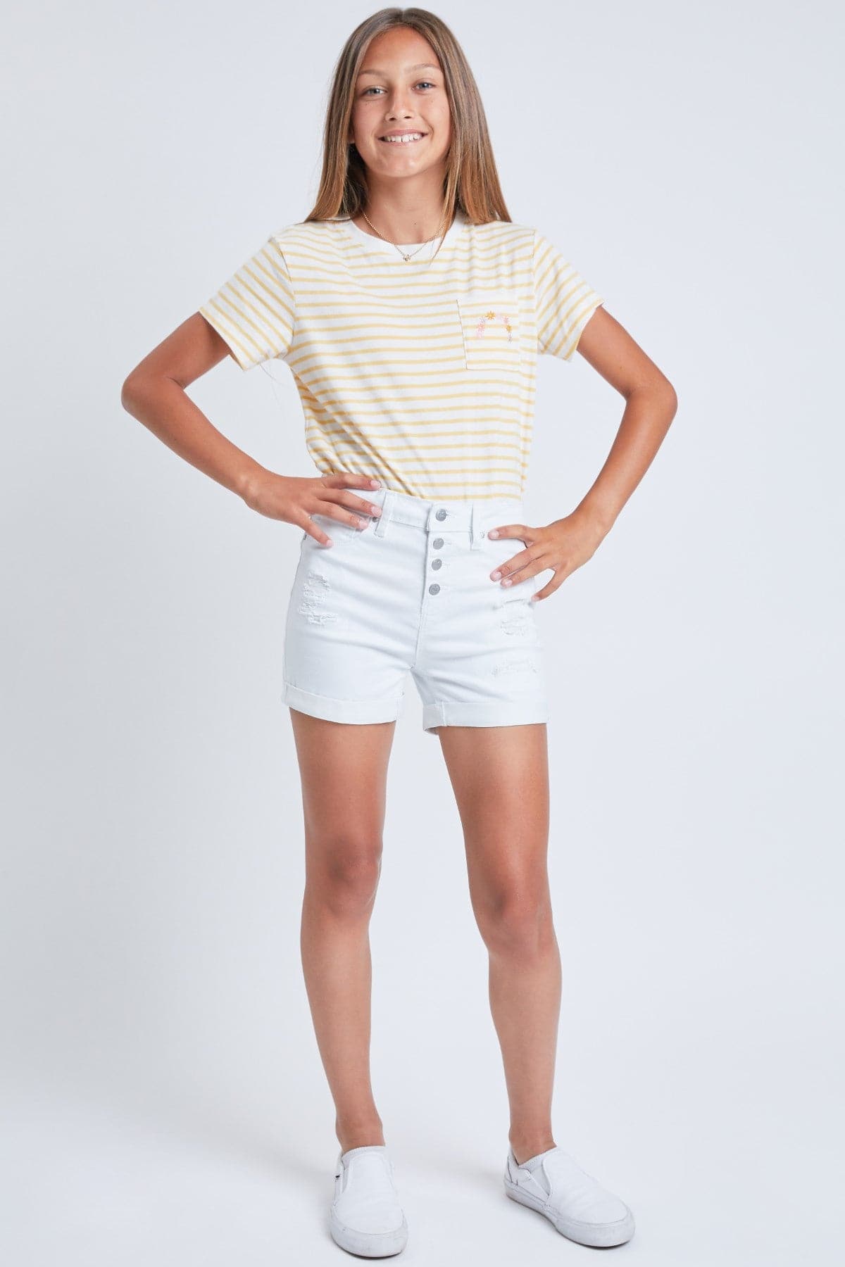 Girls Exposed Button Basic High Rise Rip and Self Repair Cuffed Shorts from YMI
