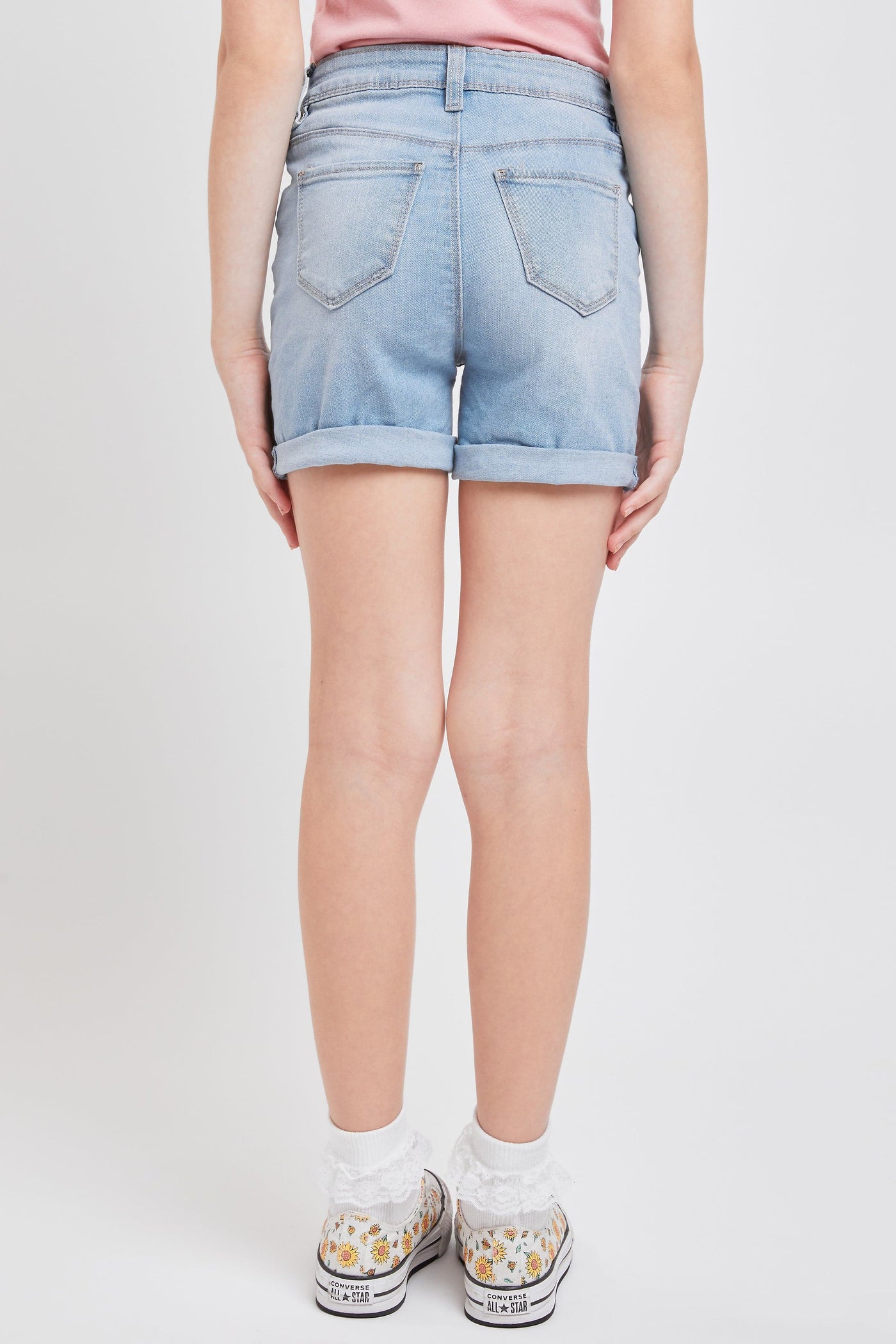 Girls Exposed Button Basic High Rise Rip And Self Repair Cuffed Shorts