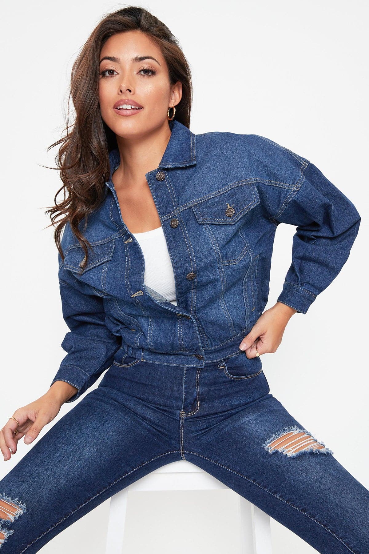 Women's 80's Style Denim Jacket With Elastic Hem