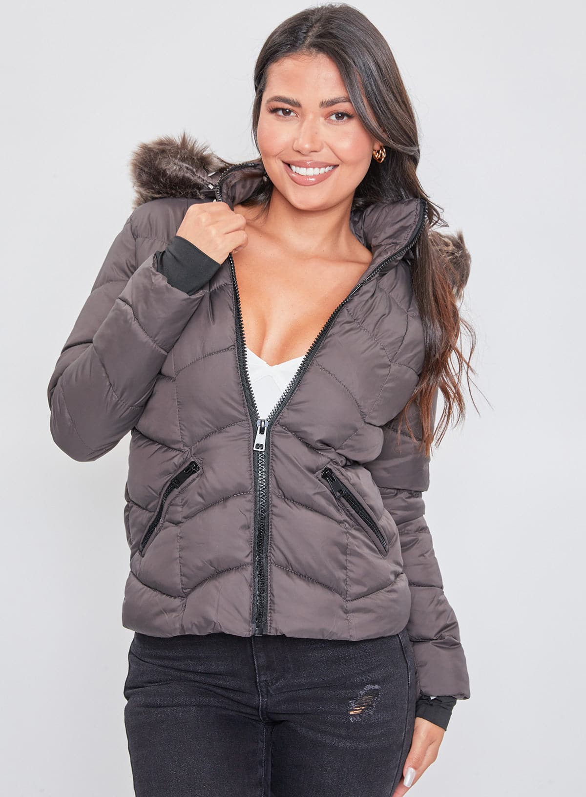 Women's Winter Puffer Jacket With Faux Fur Hoodie