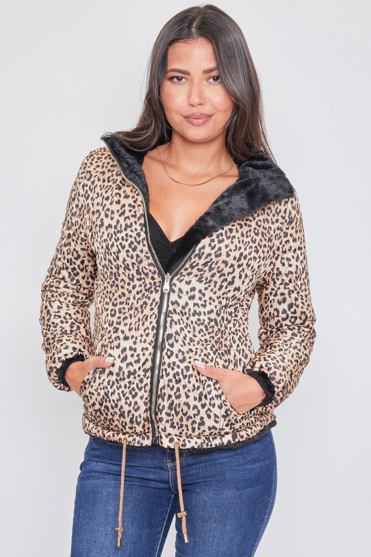 Women's Faux Fur Reversible Jacket With Hoodie
